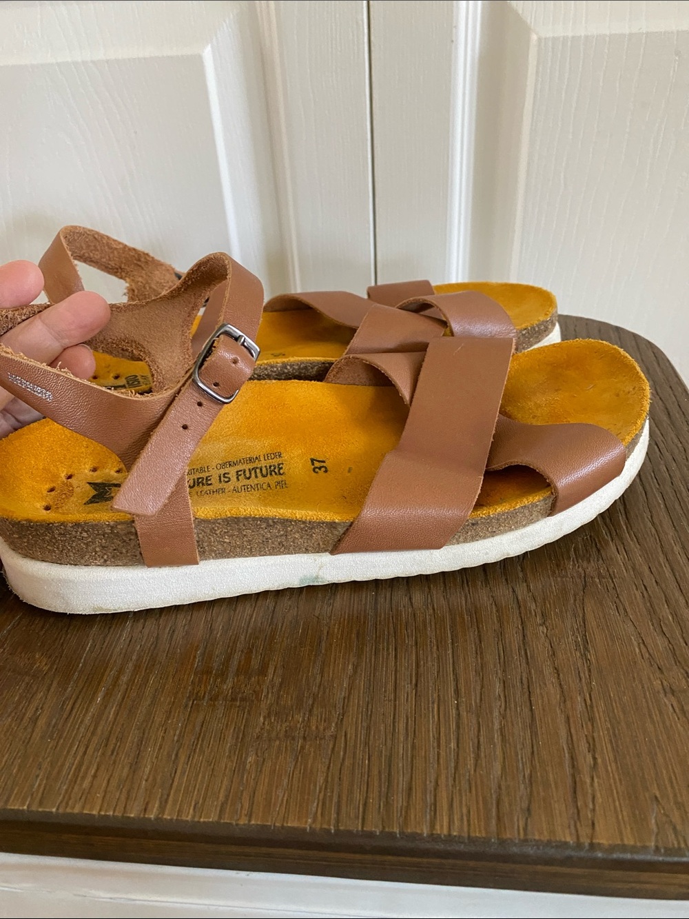 Mephisto Brown Leather Sandals with Yellow Footbed and White Sole Size 37